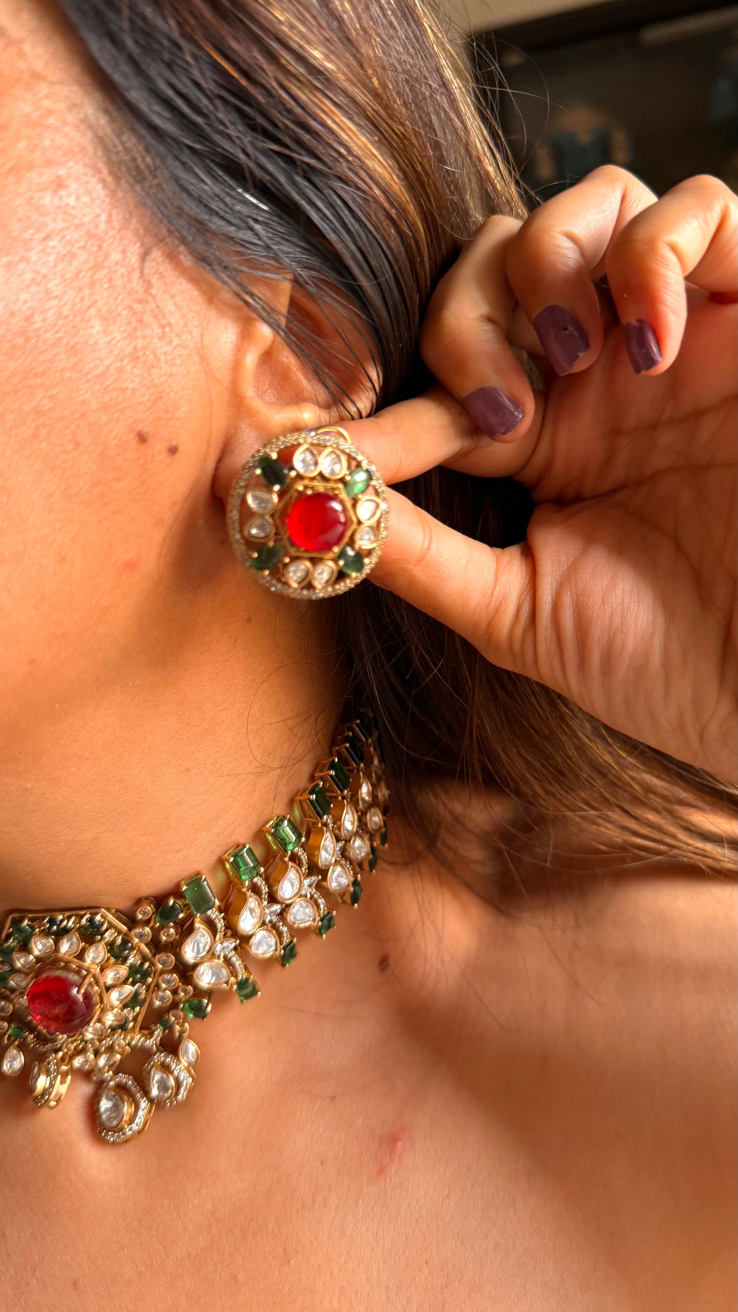 Ruby doublet & emerald moissanite choker set