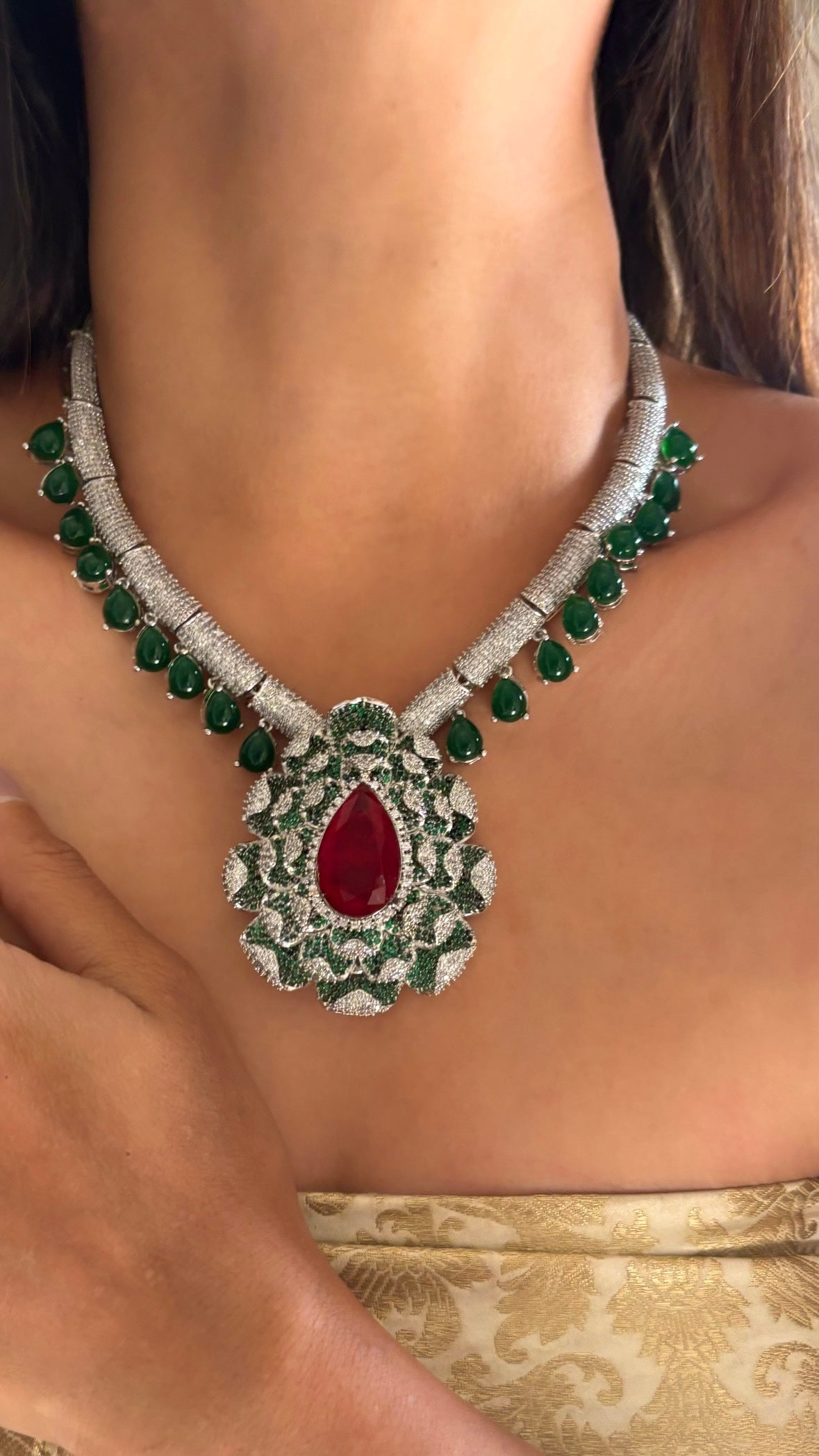 Cocktail Ruby & Cz Bridal Asia Necklace set with earrings