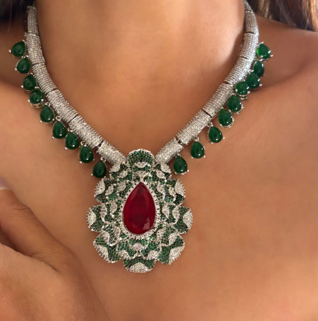 Cocktail Ruby & Cz Bridal Asia Necklace set with earrings