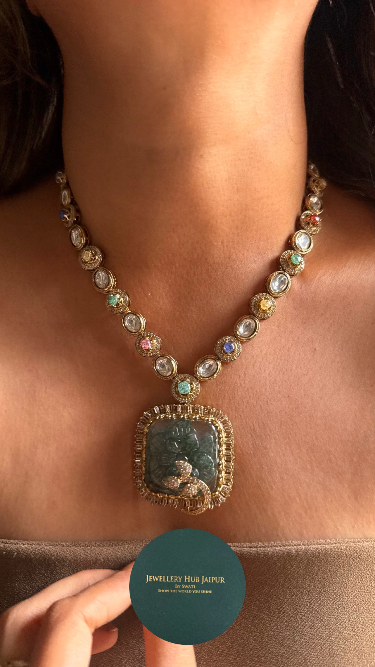 Sabyasachi inspired Sage green carving stone multicoloured collar necklace