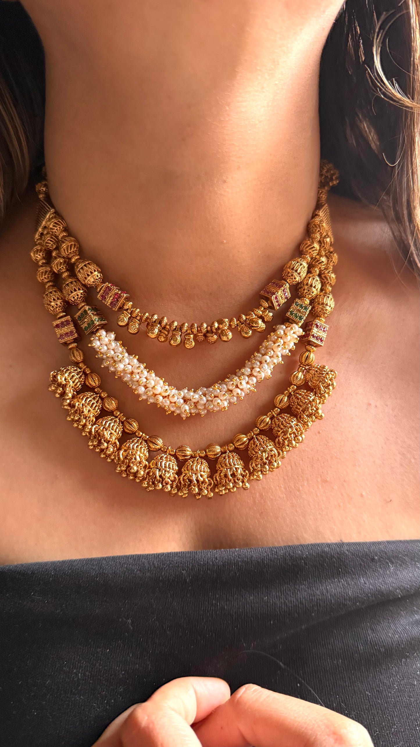 Triple line Rajwada necklace with Gajra and jhumki detailing