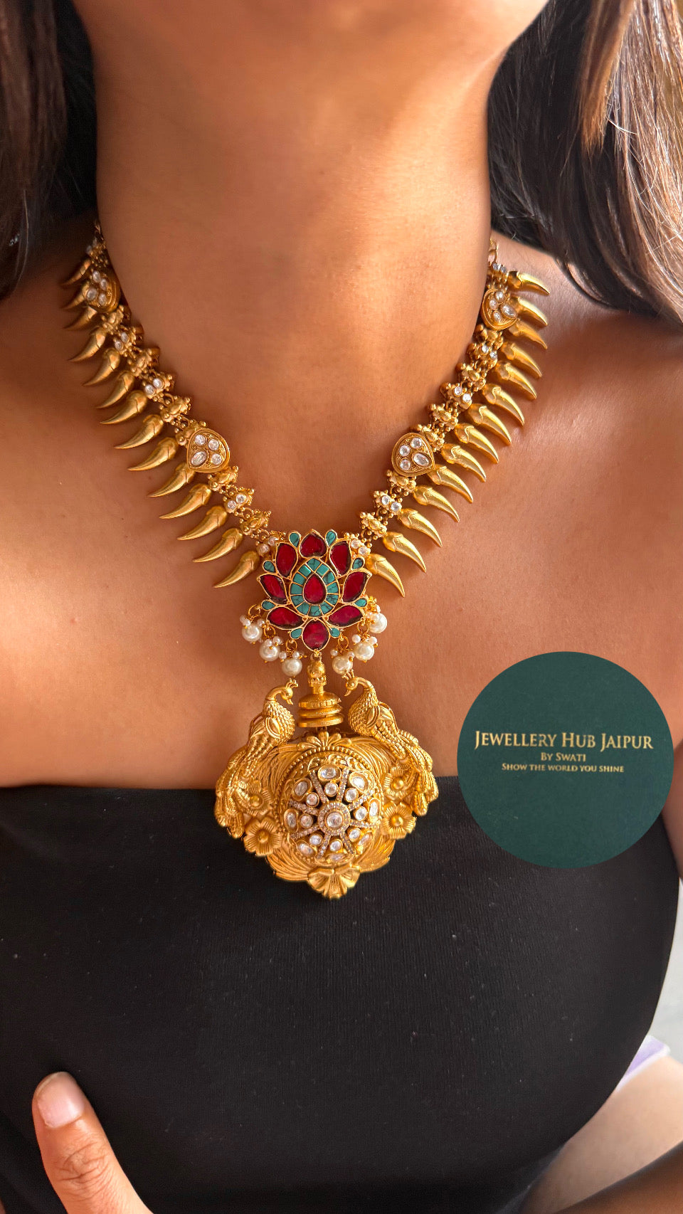 Amrapali inspired Peacock & lotus designer gold polish necklace
