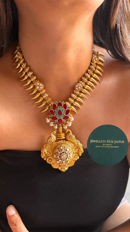 Amrapali inspired Peacock & lotus designer gold polish necklace