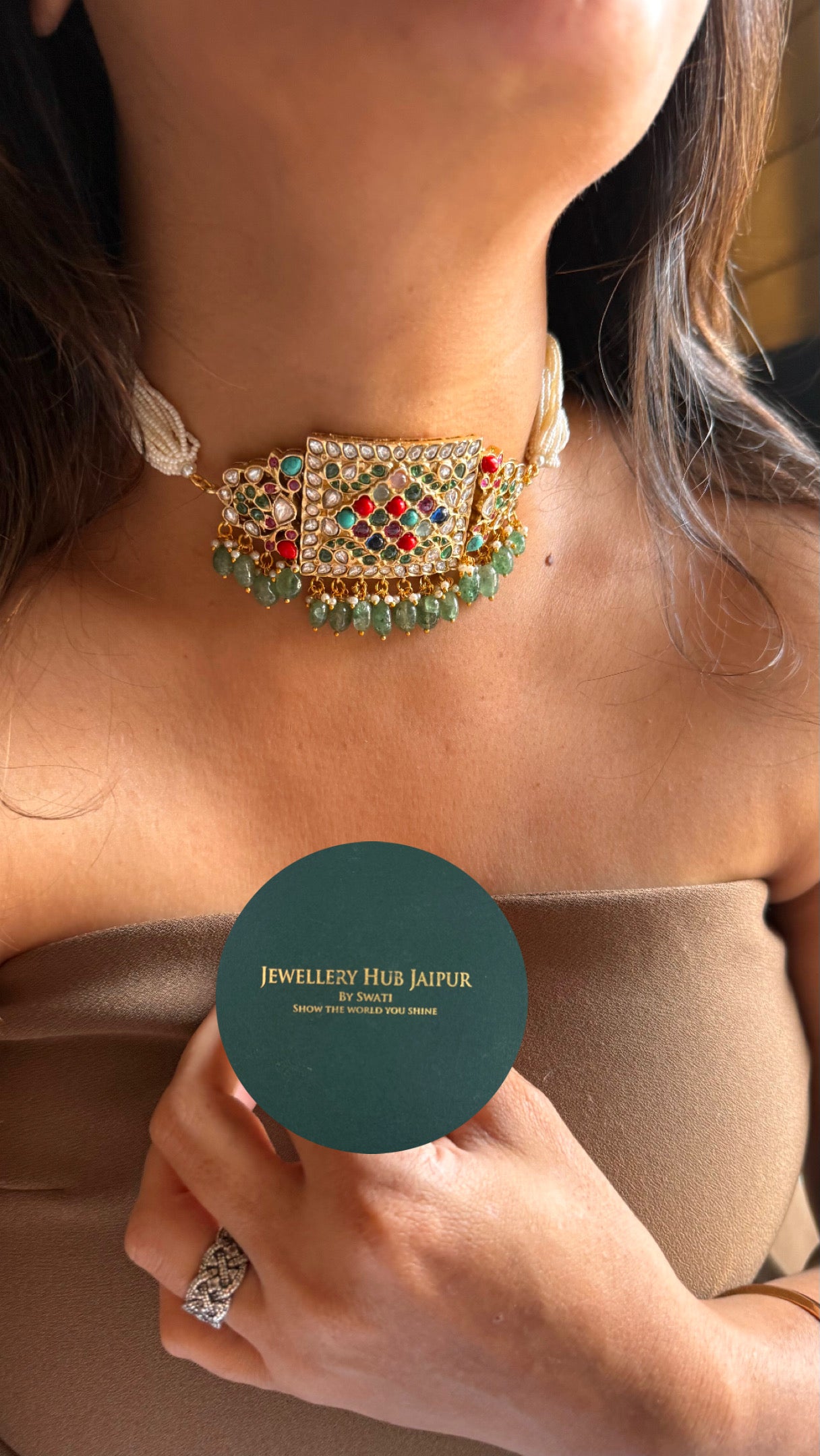 Paachi Kundan Jadaau multicoloured with mint drops  thread choker necklace