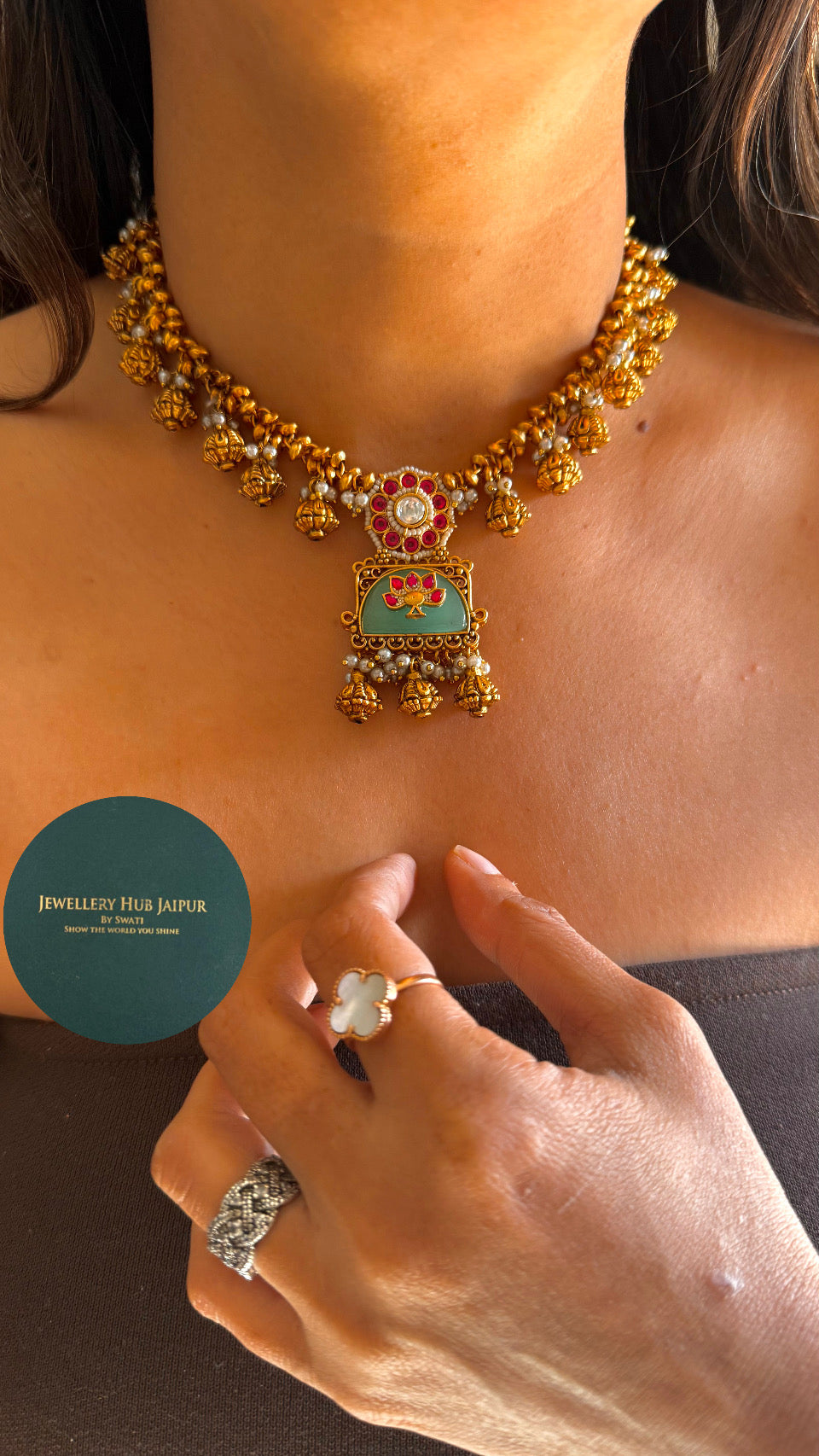 Mint rani work inlay rose drop necklace