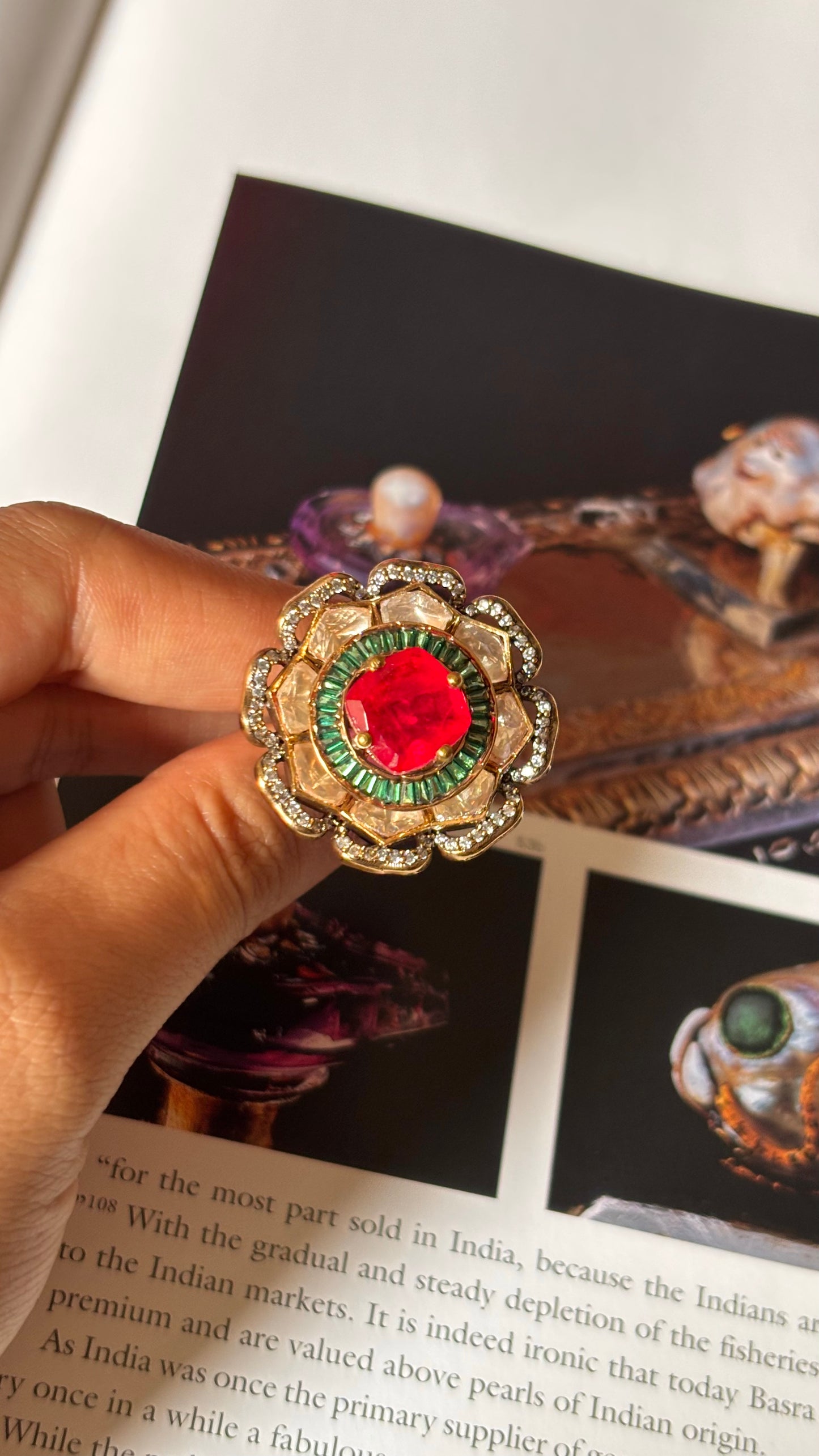 Floral peeli polki ruby & emerald ring