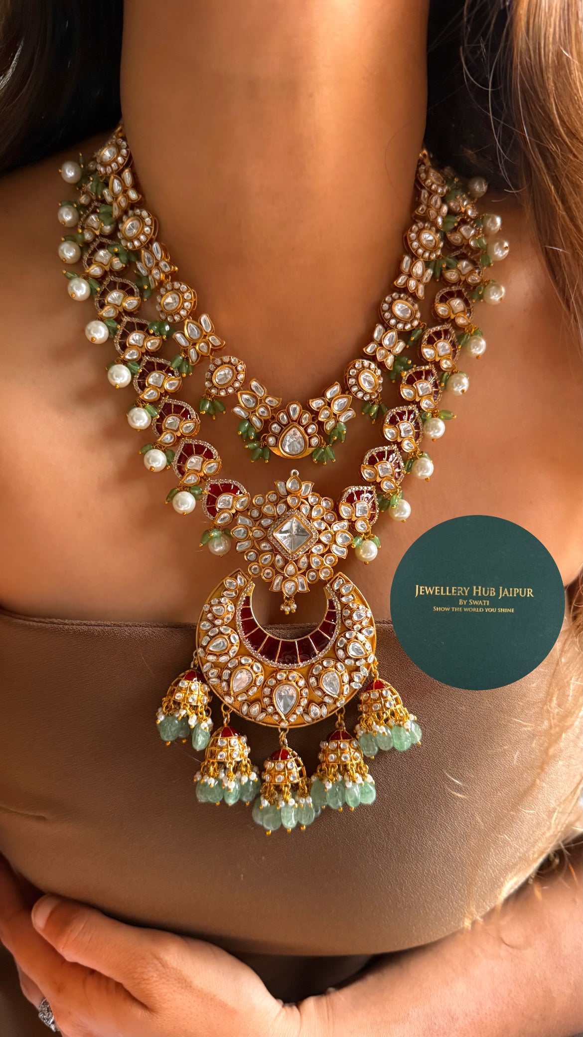 Ruby katdana & moissanite polki bridal dual layer with mint & pearl drop set