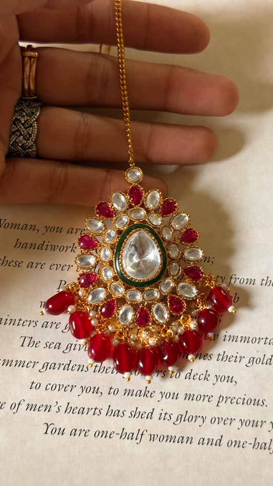 Ruby moissanite & emerald meenakari maangtika