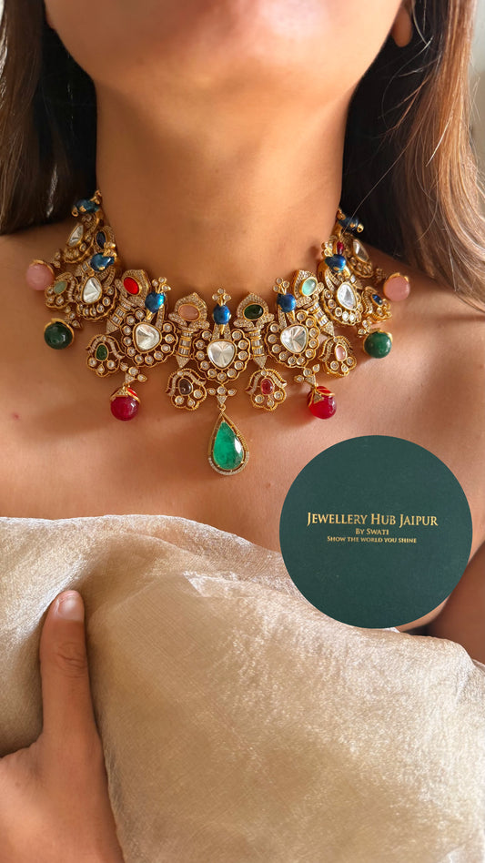 Navratna doublet & moissanite  designer choker set
