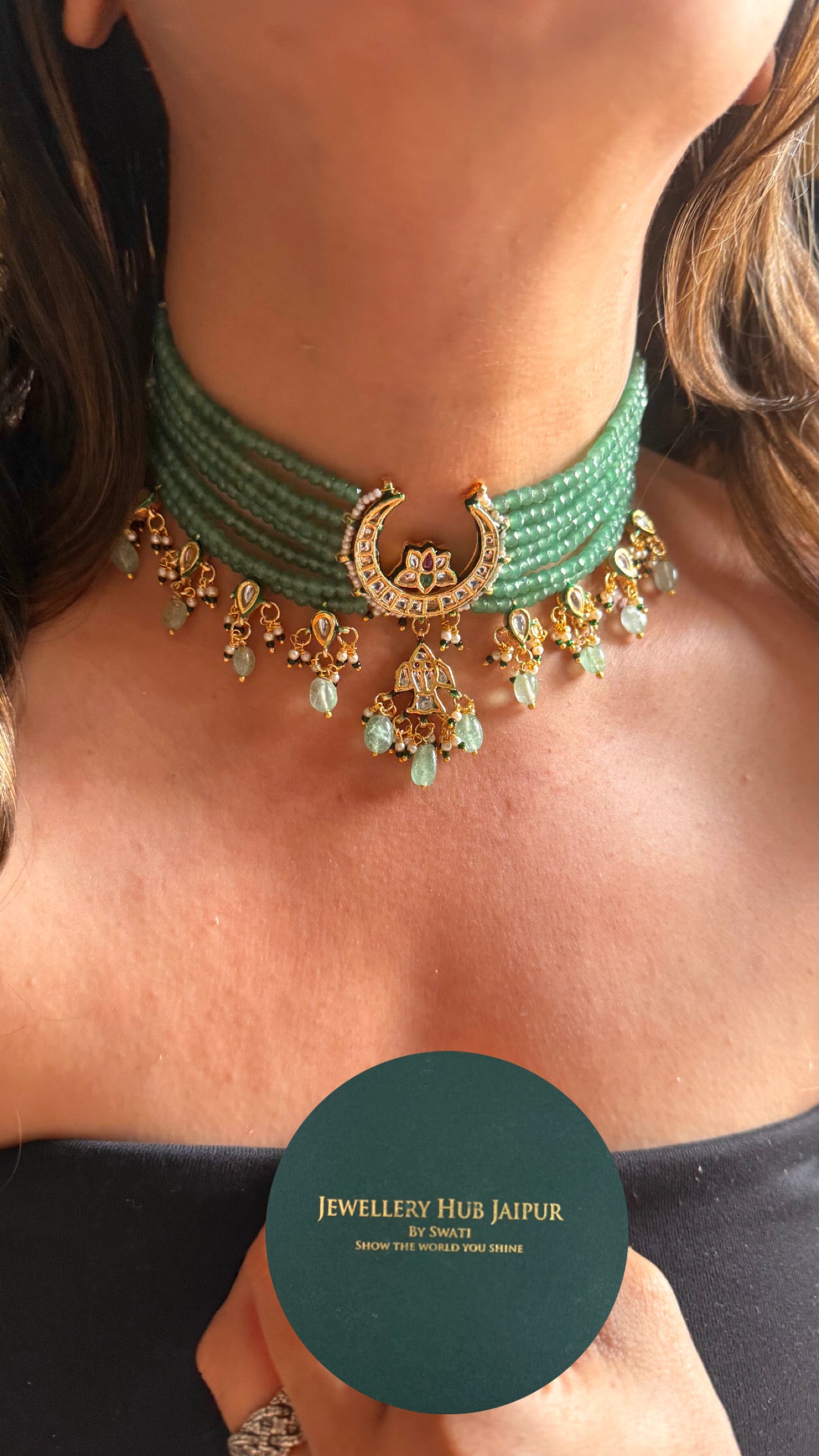 Half moon Meenakari work mint drops choker Necklace