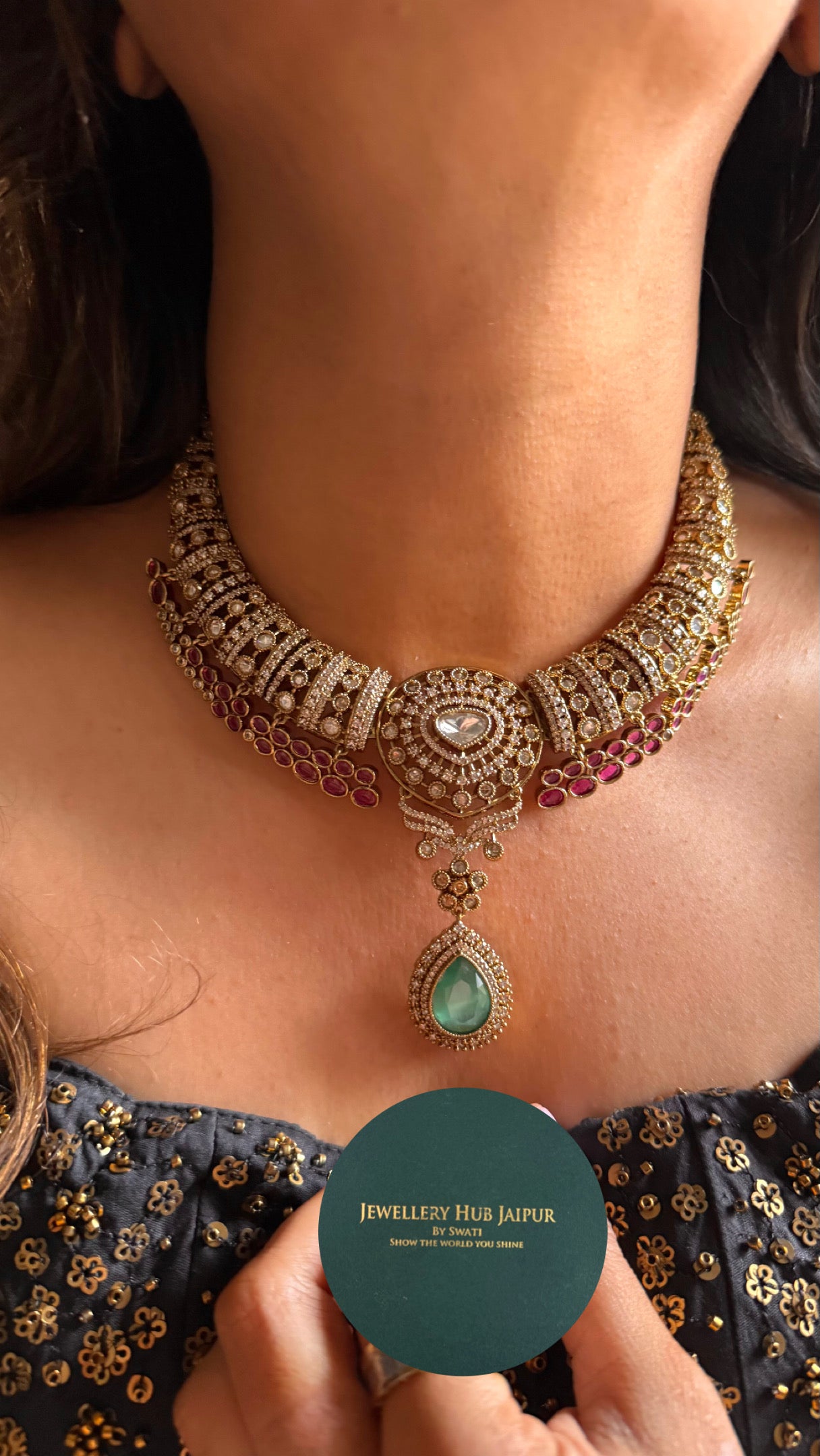 Rani pink ruby with mint designer collar necklace