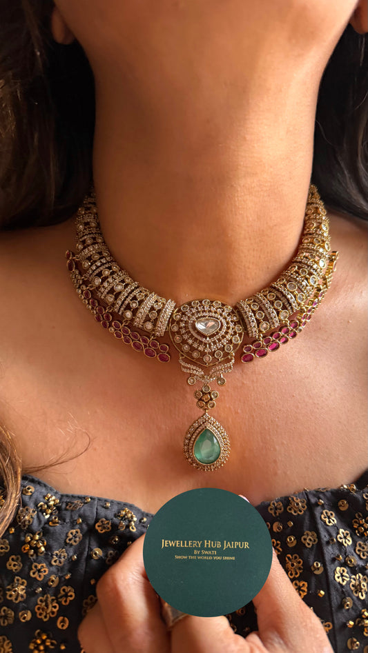 Rani pink ruby with mint designer collar necklace