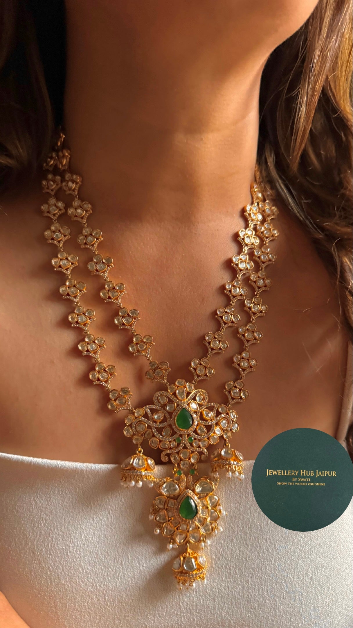 Emerald designer dual layered real moissanite Necklace