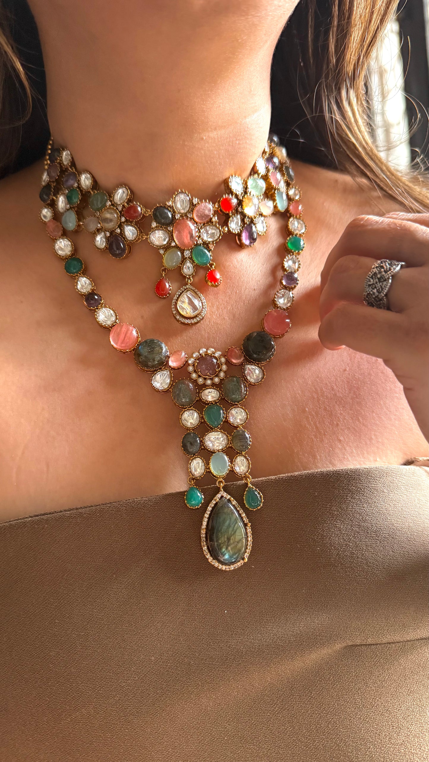 Dual layer sabya inspired gemstone necklace