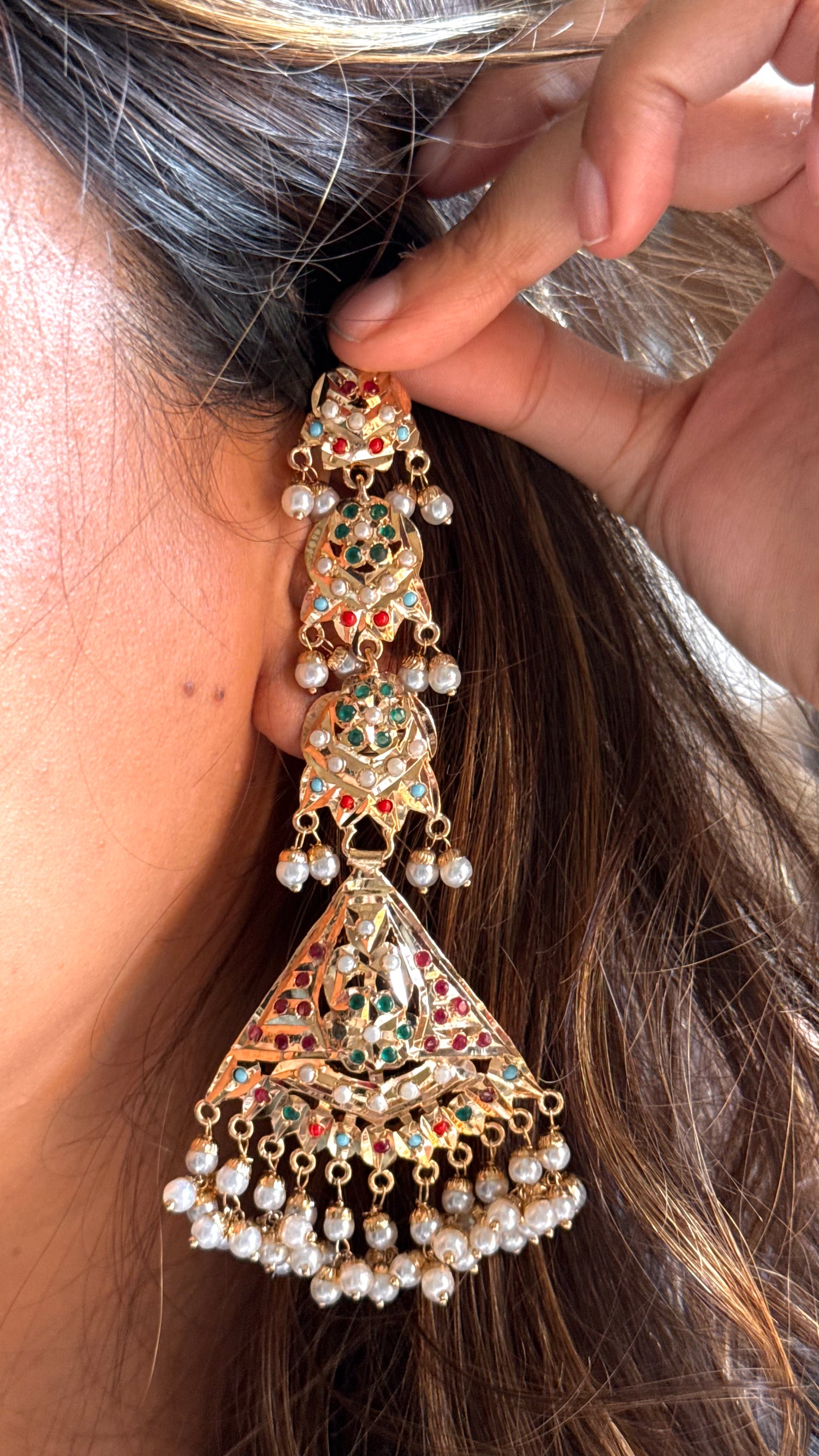 Jadau Navratna Chand bali with earchain
