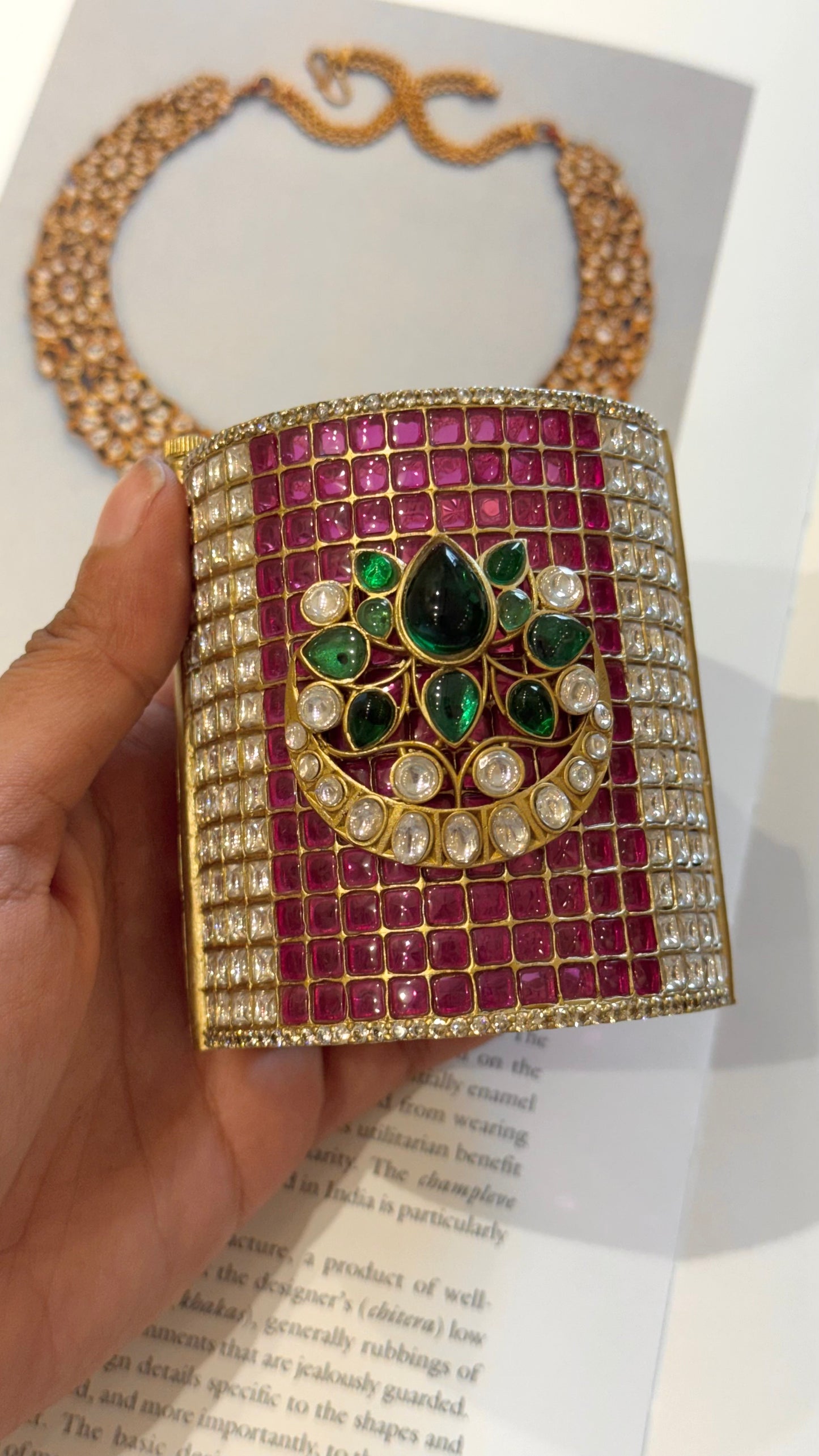 Emerald & rani pink lotus and chaand designer kada