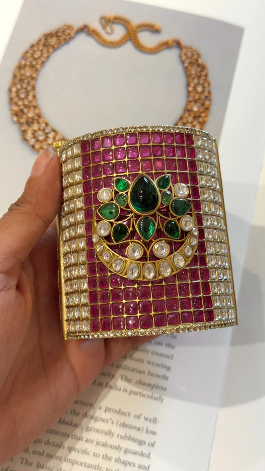 Emerald & rani pink lotus and chaand designer kada