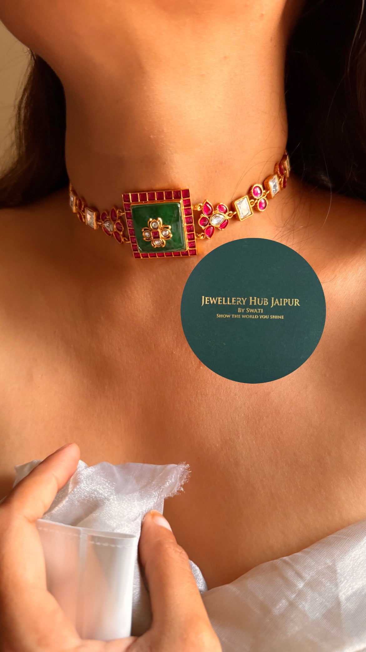 Amrapali inspired Natural stone Emerald inlay with rani pink moissanite choker set