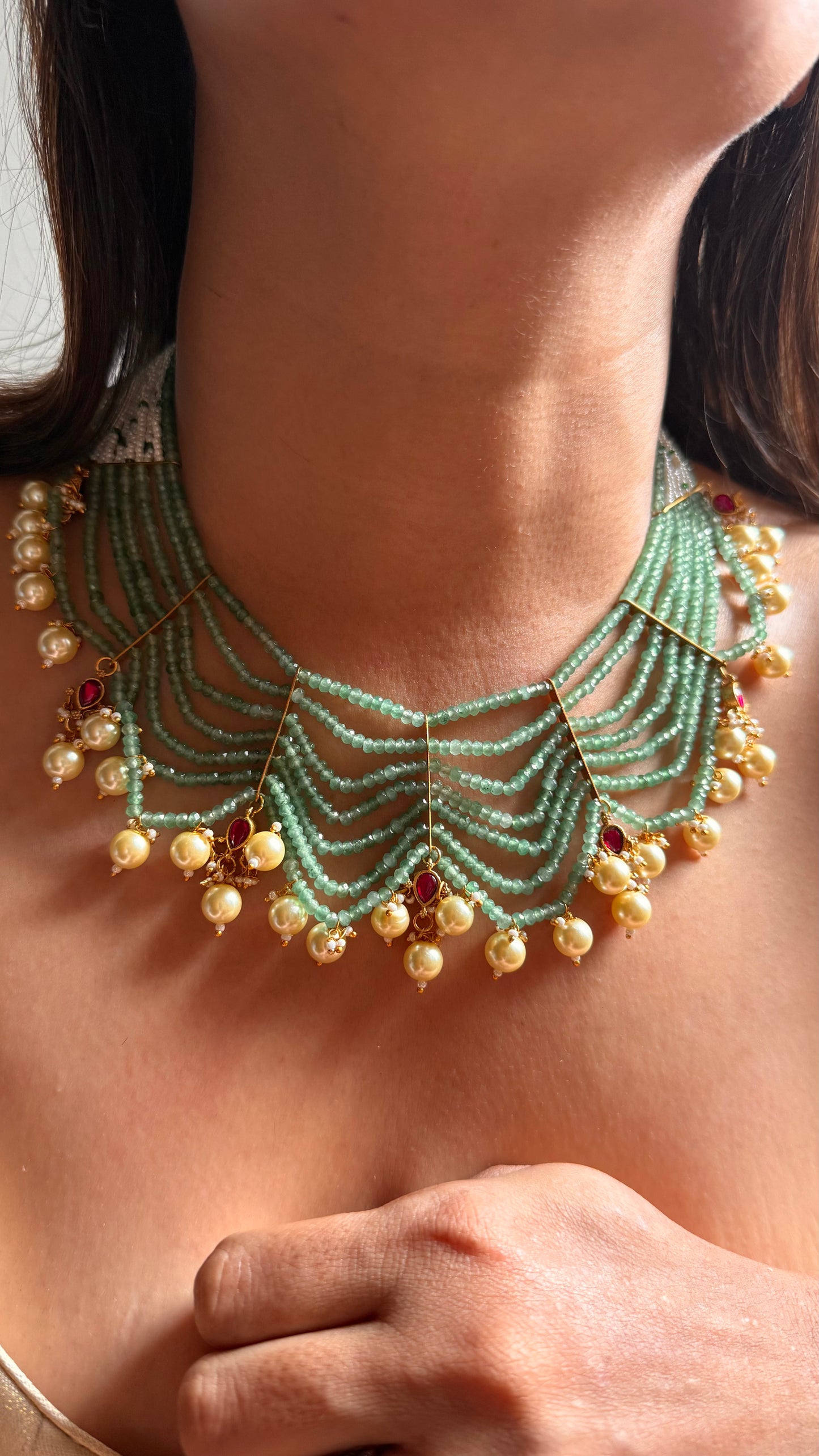 Mint 7 layer rajwada with pearl drop collar set