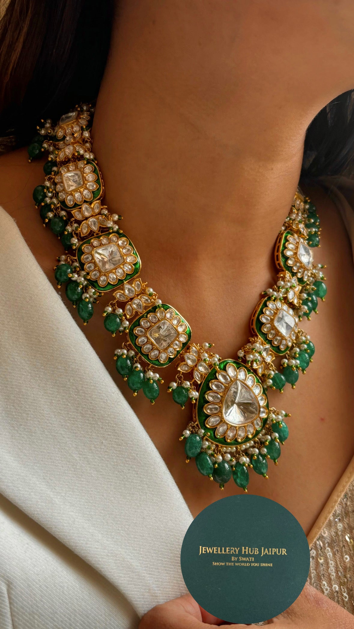 Emerald kundan meenakari necklace