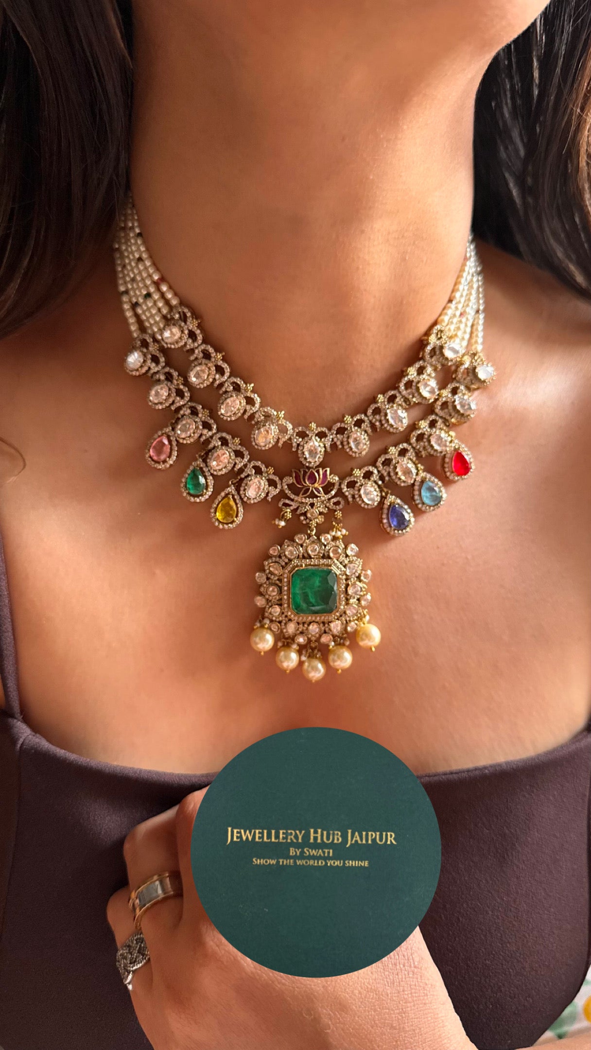 Emerald doublet with dual line collar necklace