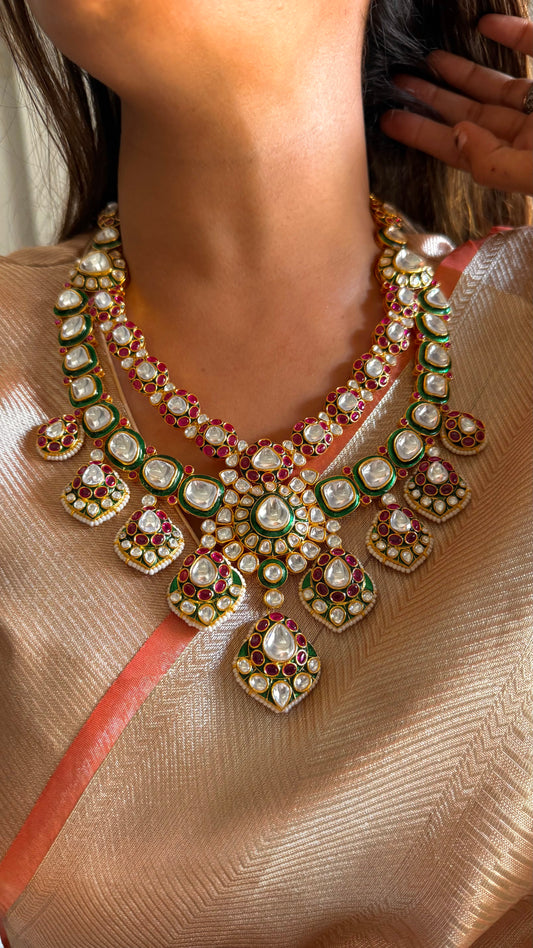 Sneha Emerald meenakari & ruby moissanite uncut polki designer necklace