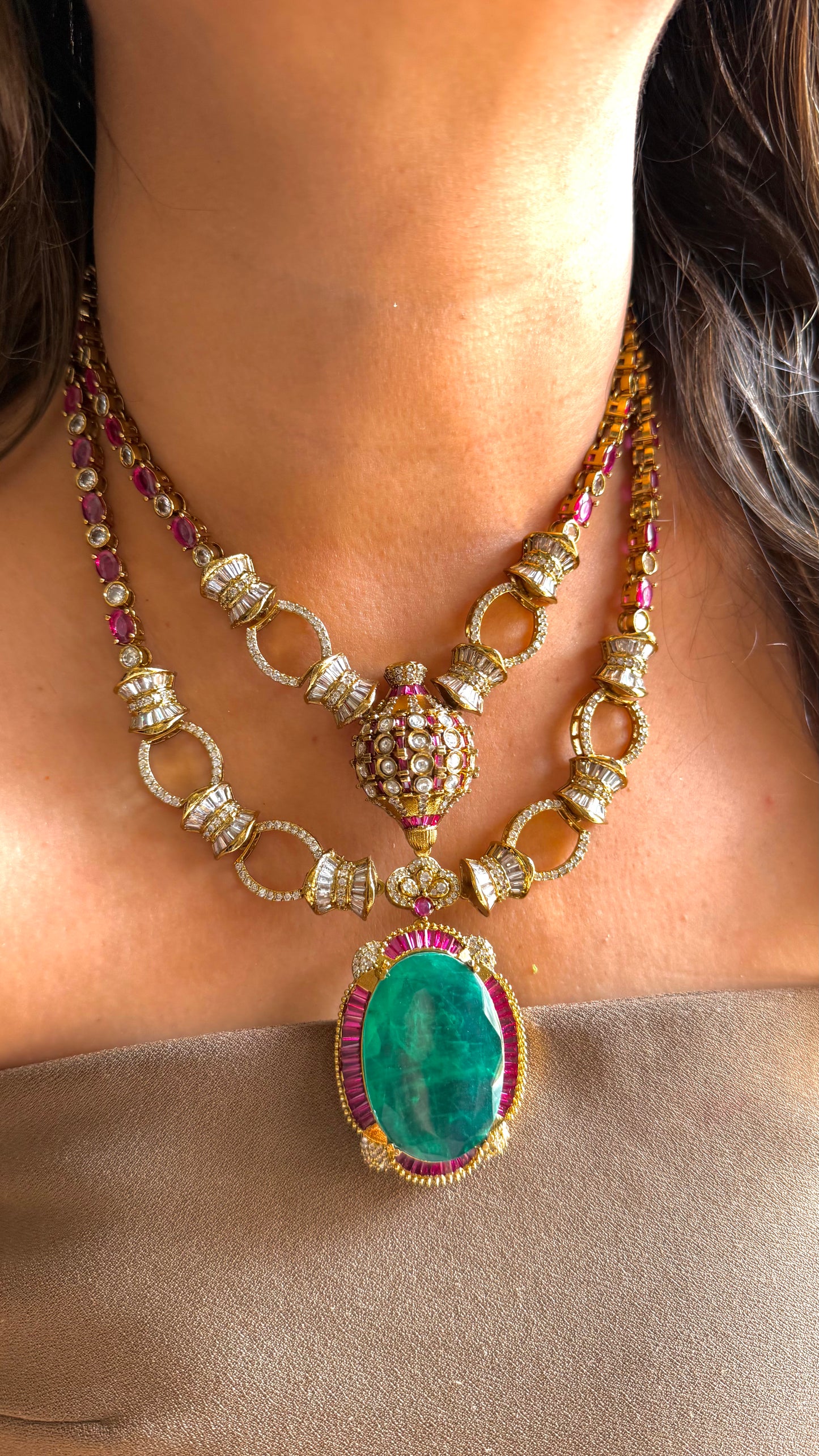 Emerald doublet & Rani Pink designer dual line Necklace