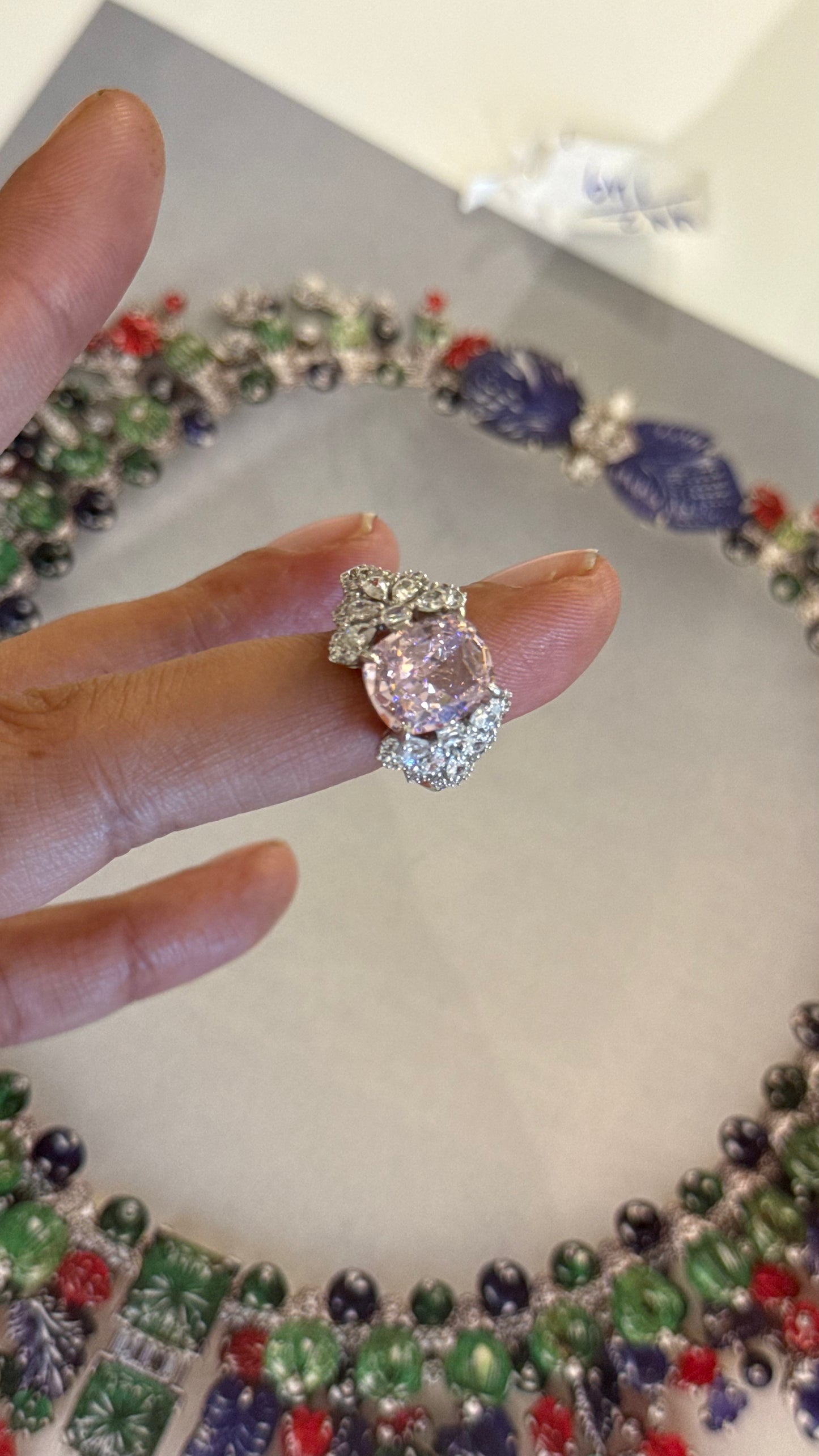 Rose quarts Cz diamond cocktail ring