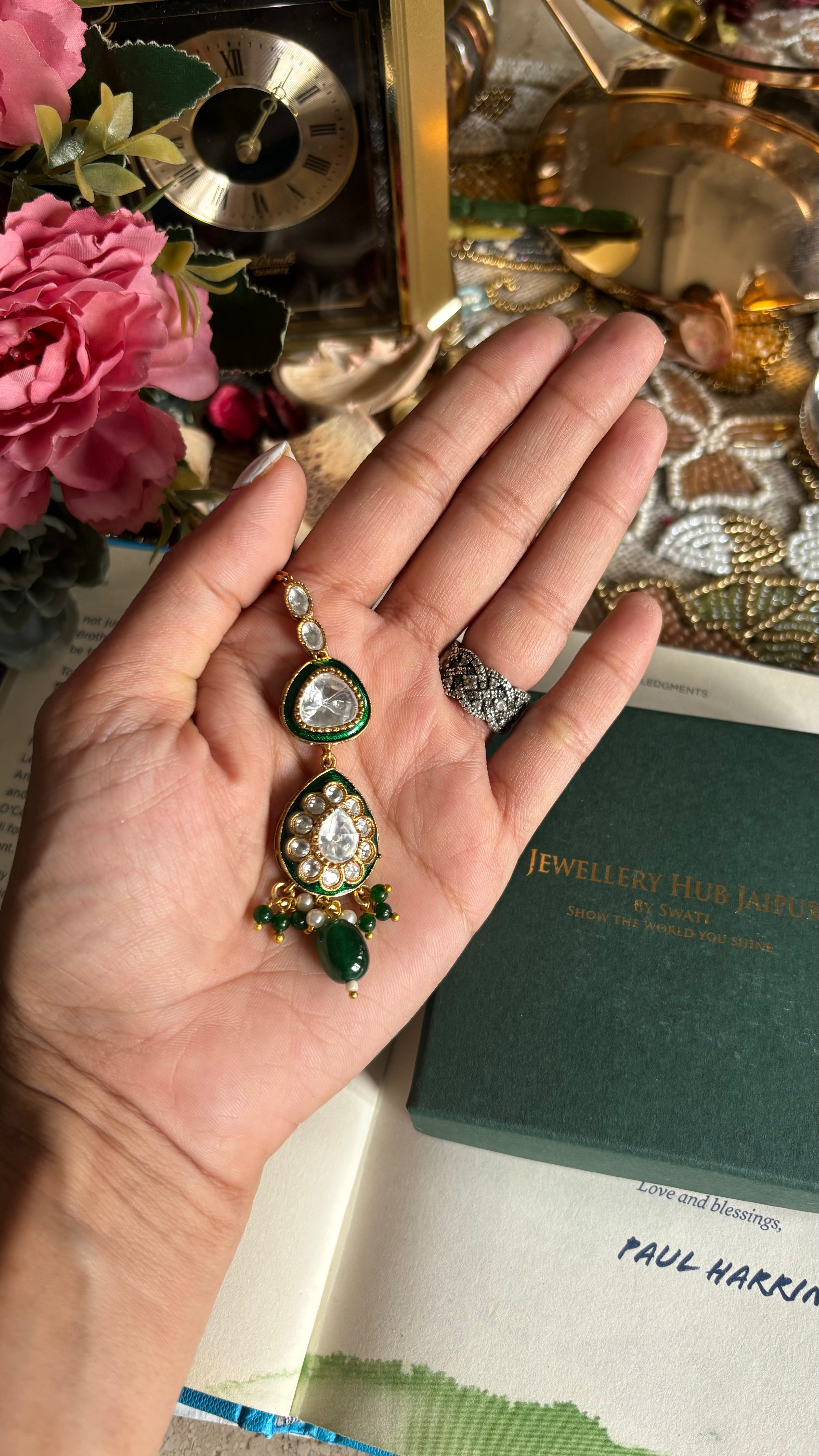 Emerald drop & meenakari maangtika