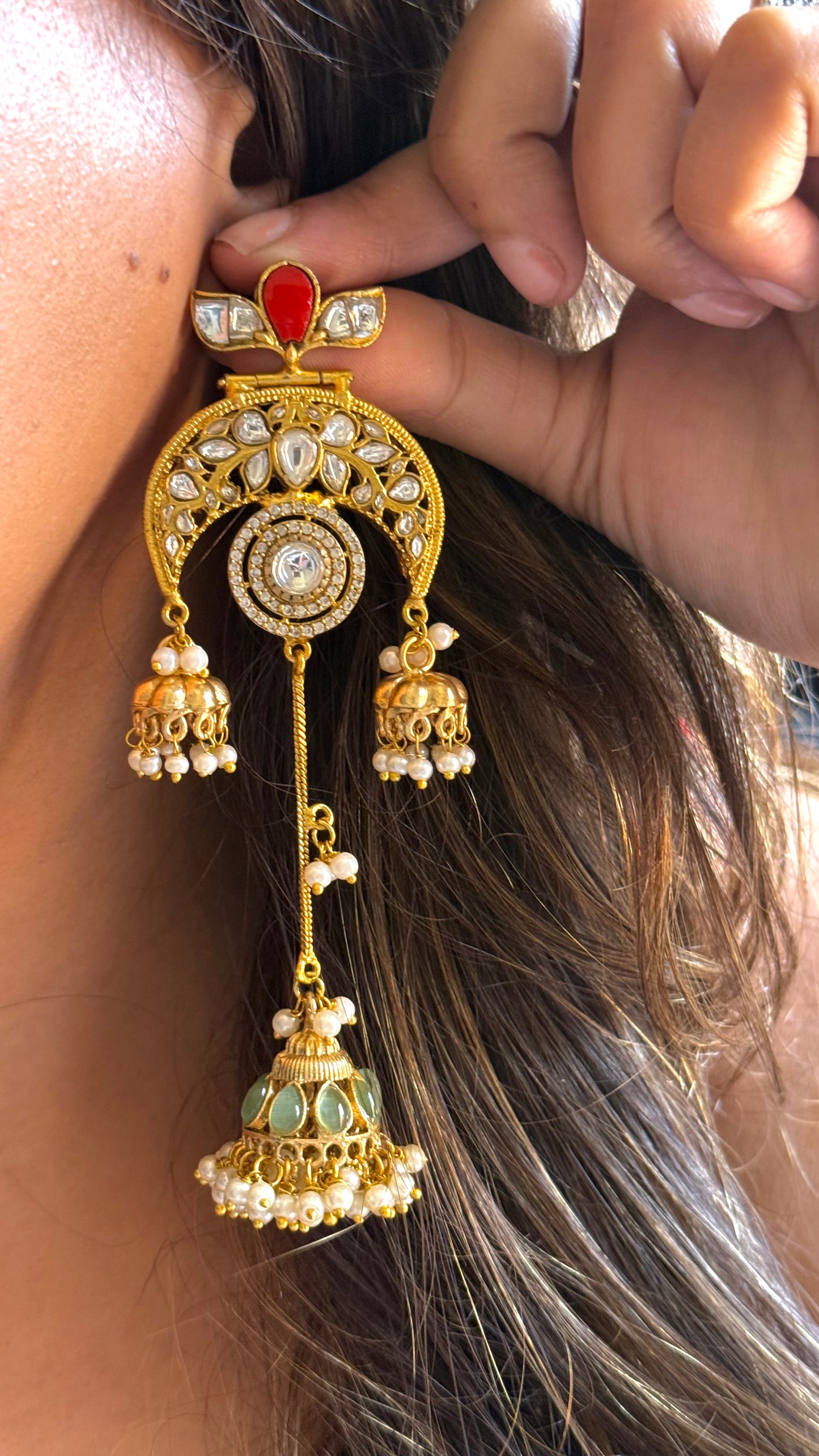 Amrapali inspired ruby mint triple jhumki danglers