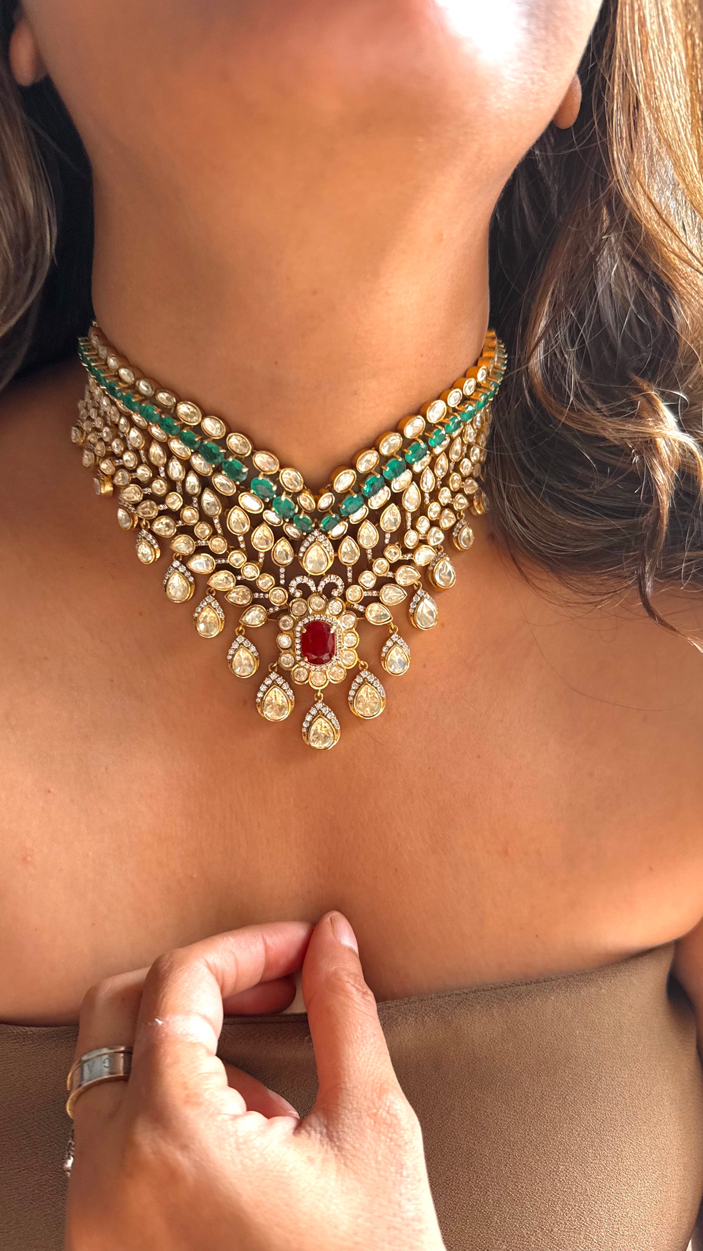 Peeli polki Ruby & Emerald designer Necklace