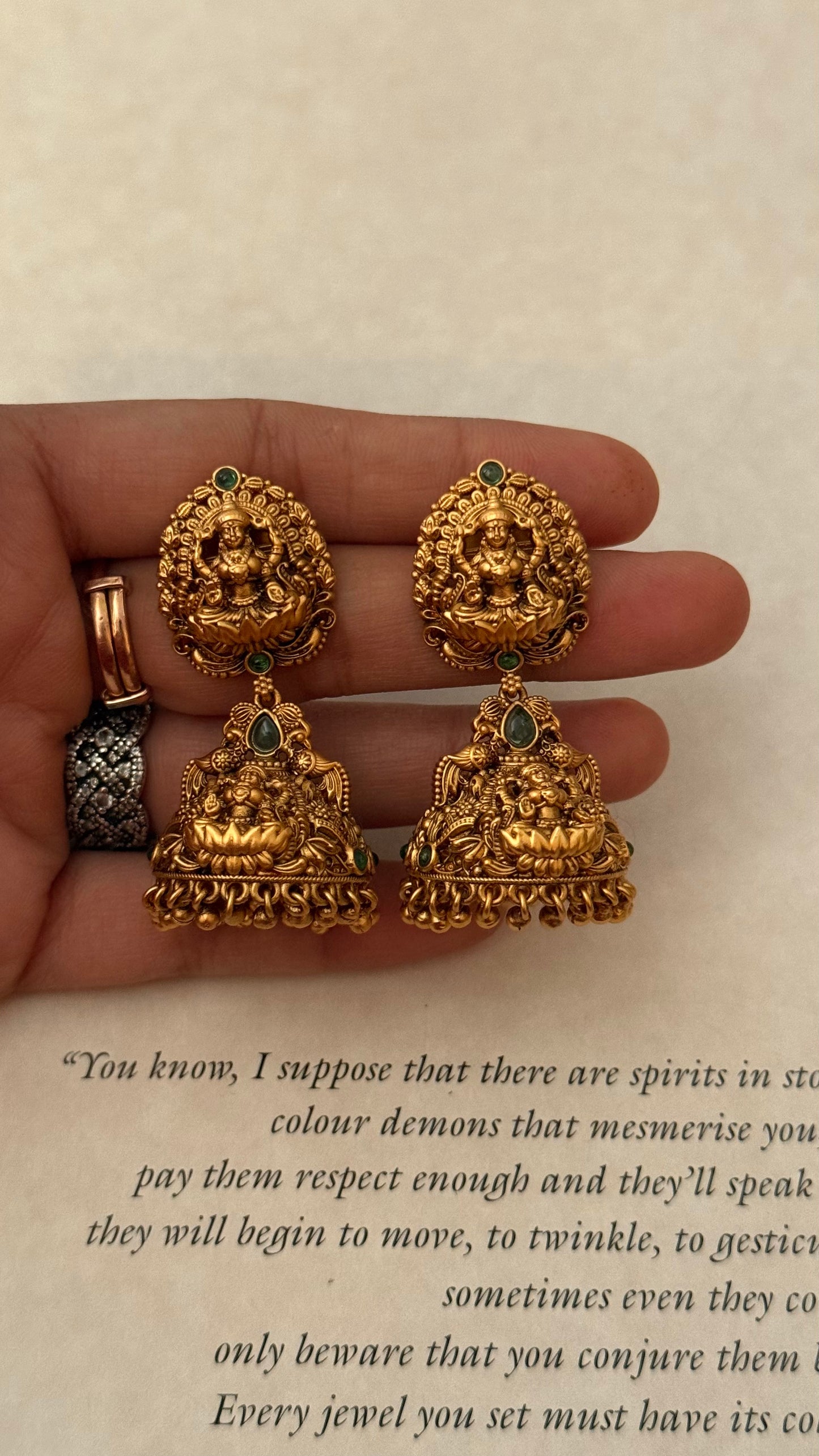 Goddess laxmi with emerald jhumka