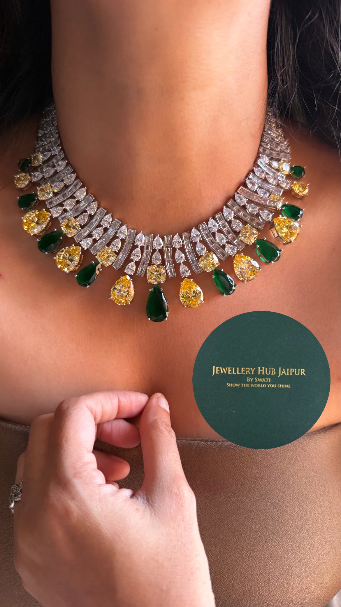 Citrine & emerald drop shaped cz diamond cocktail collar set