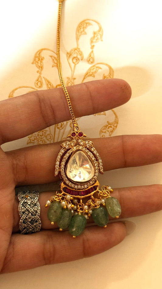 Polki with mint drop & rani pink katdana maangtika