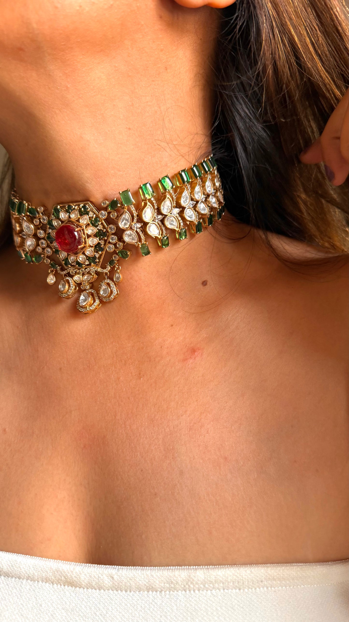 Ruby doublet & emerald moissanite choker set
