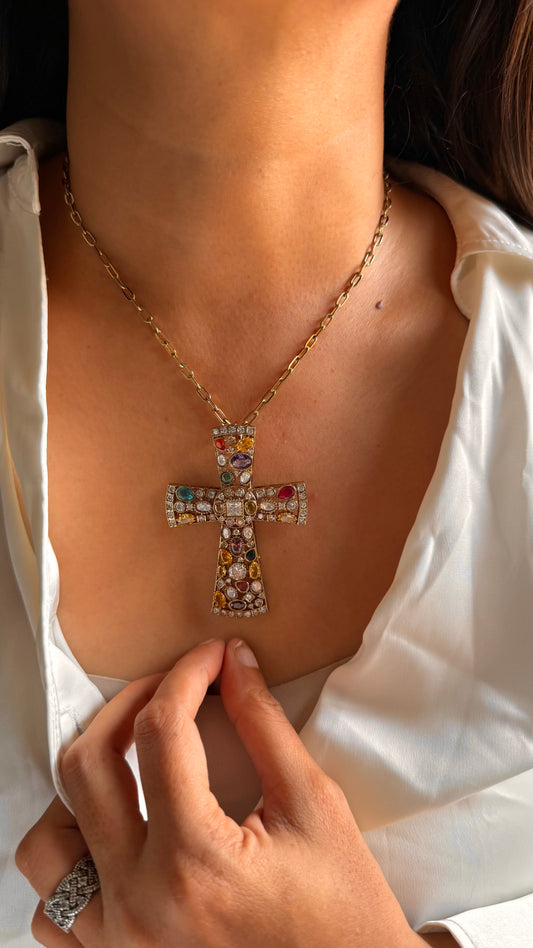 Sabyasachi inspired Multi-Color Gemstone Pavé Cross Necklace Set