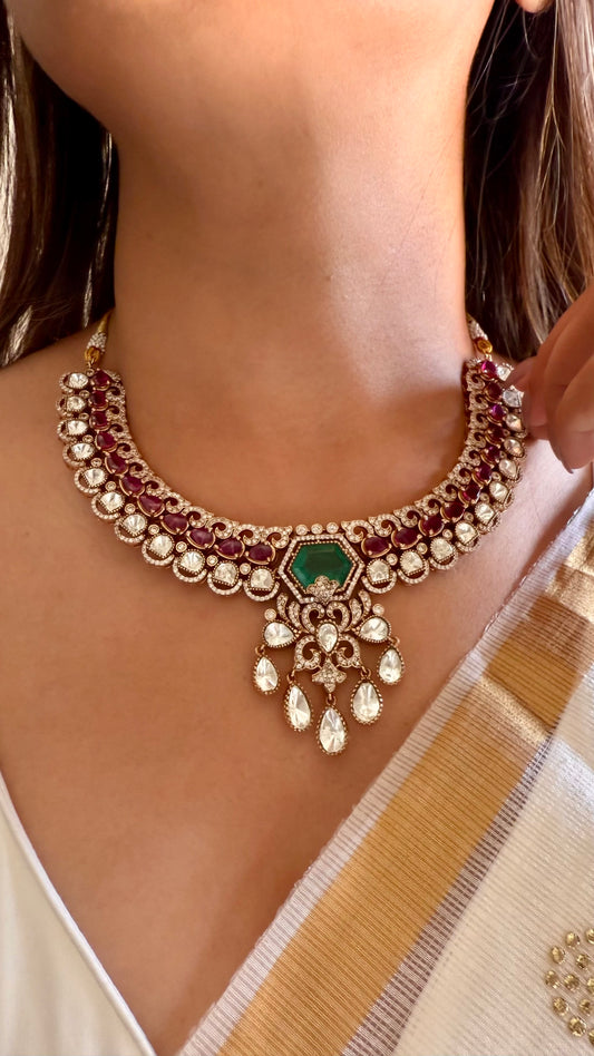 Emerald doublet ruby moissanite polki collar necklace