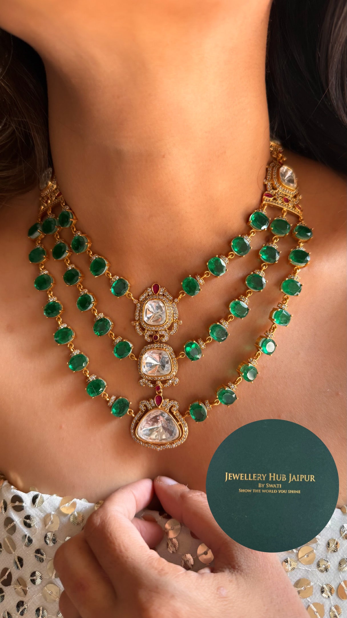 Emerald & Rani triple line uncut polki necklace