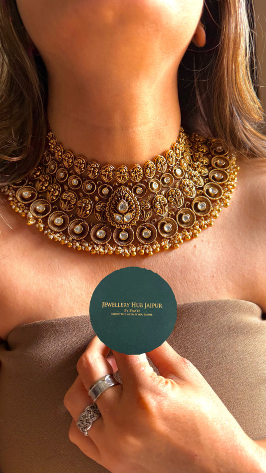 Floral Nakshi oxidised gold polki Choker
