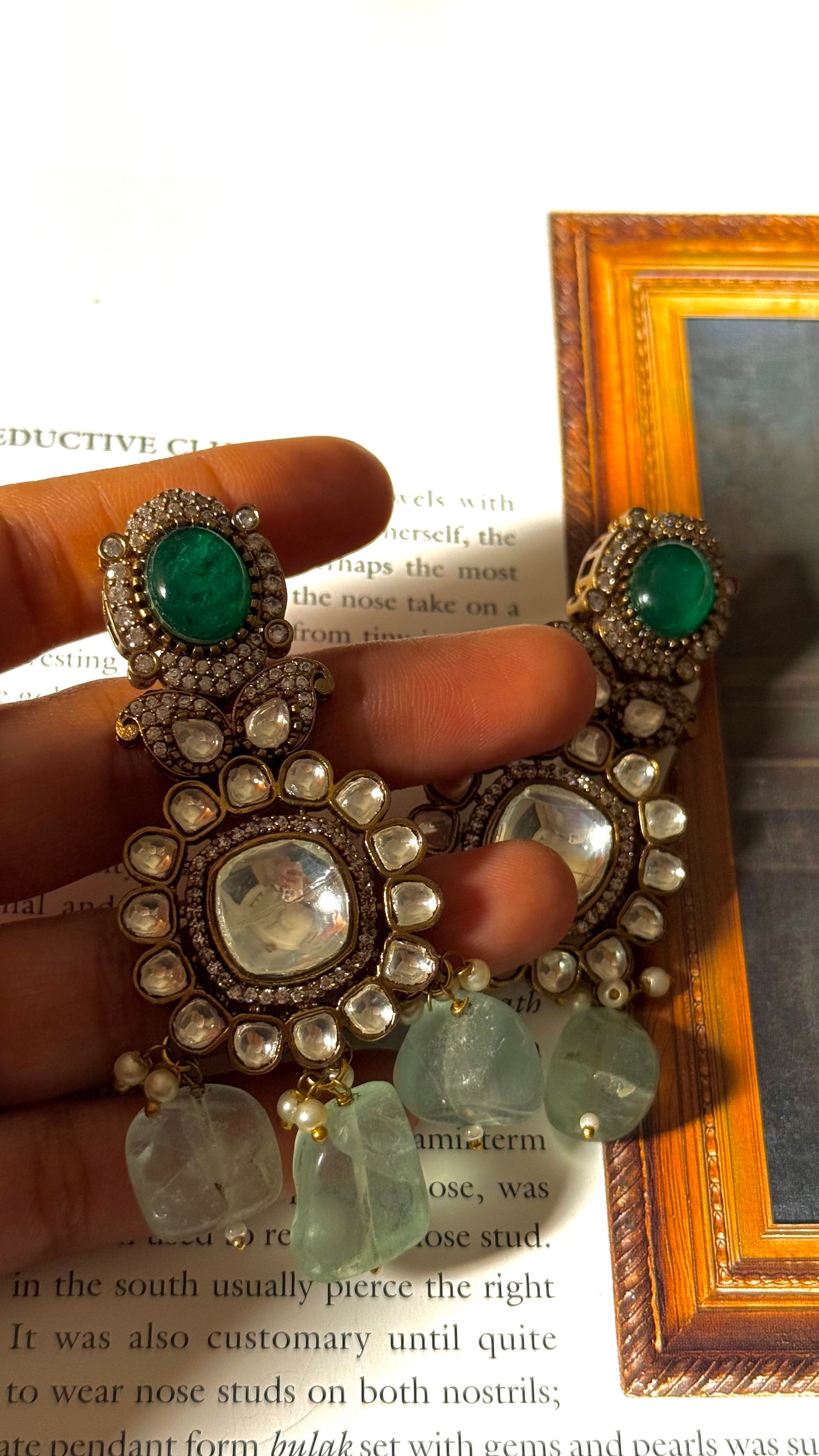 Emerald victorian uncut polki danglers