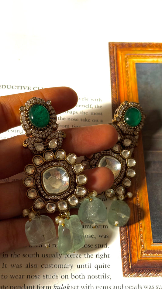 Emerald victorian uncut polki danglers