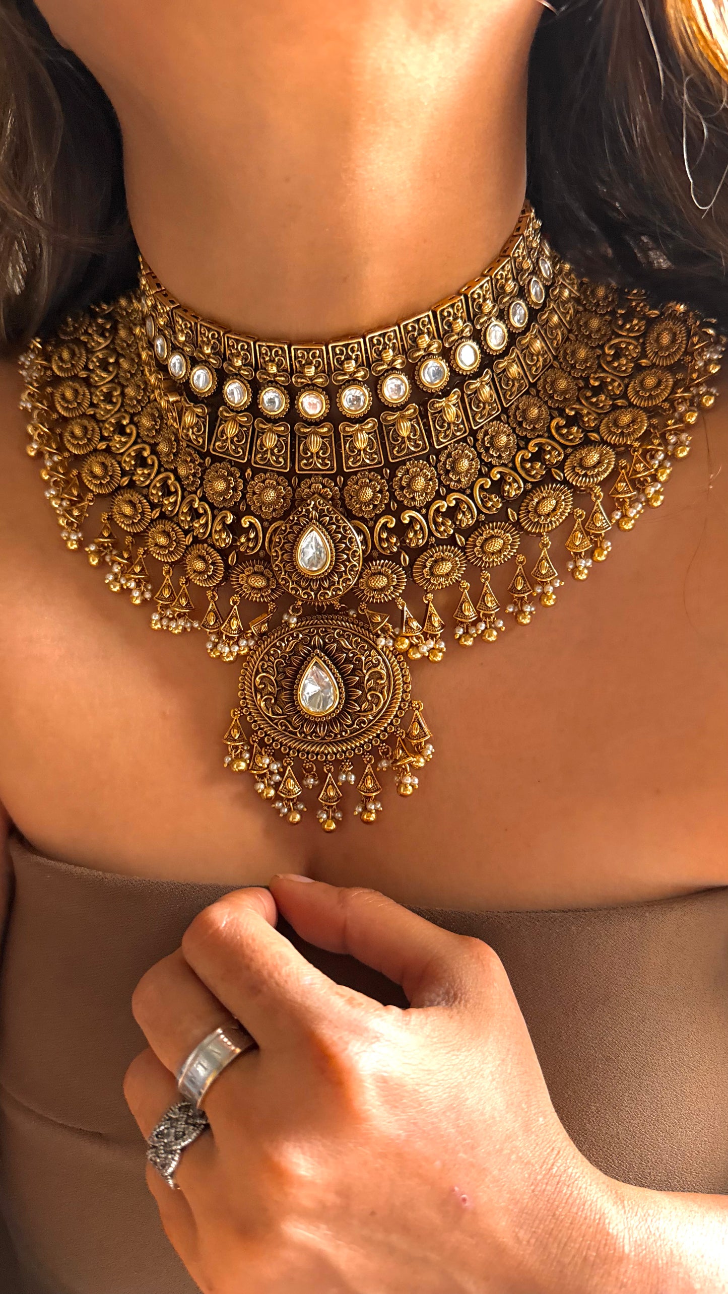 Oxidised heritage royal rajwada uncut polki necklace