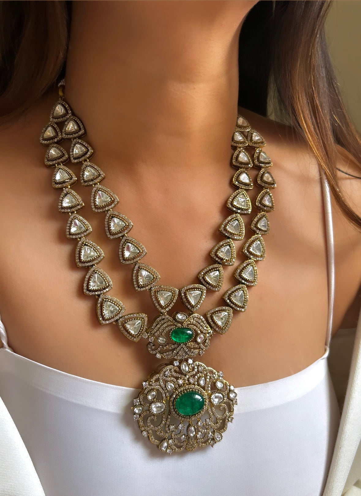 Emerald dual layered Moissanite necklace