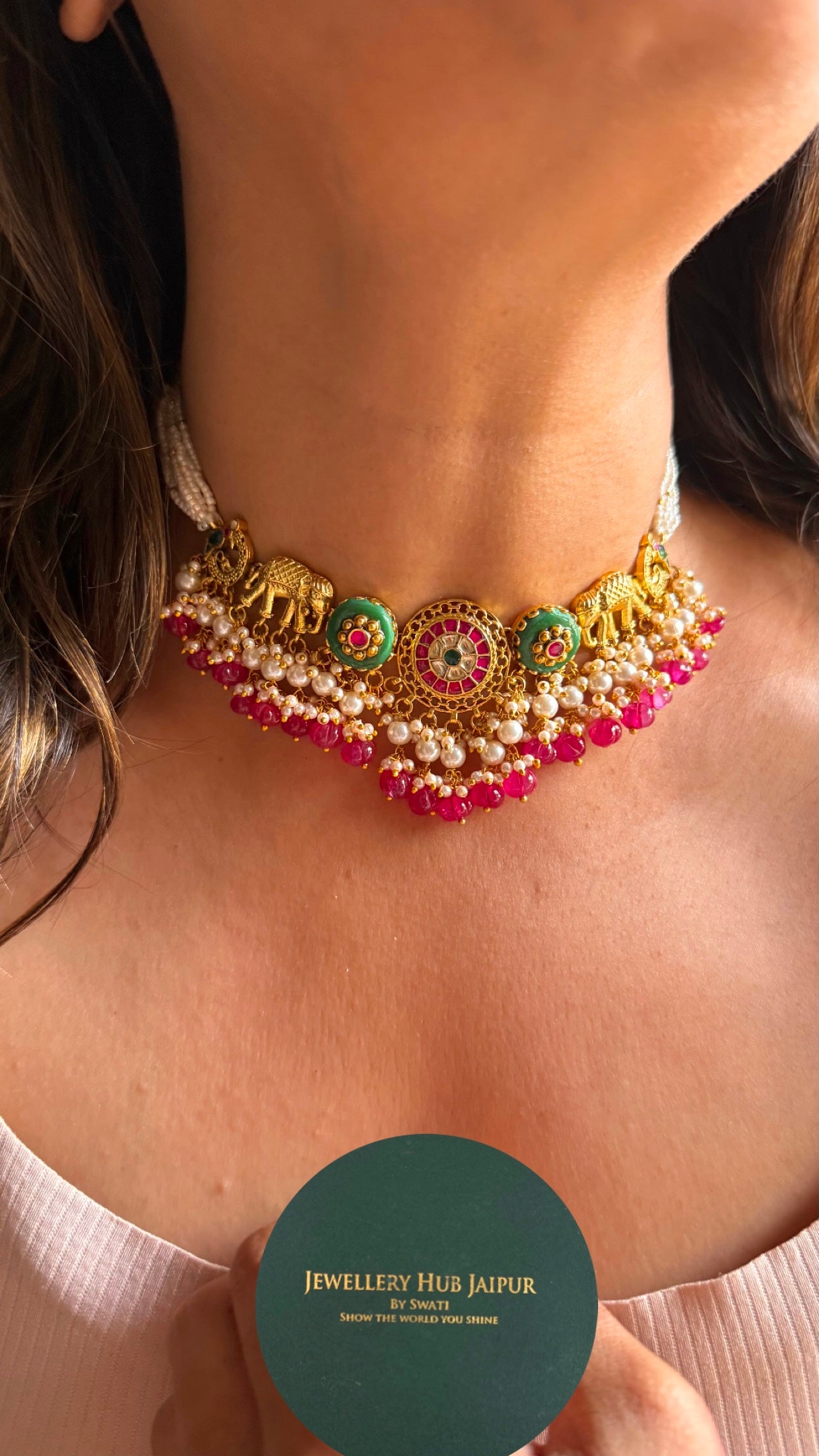 Gajj inspired heritage mint with Rani pink drops choker necklace