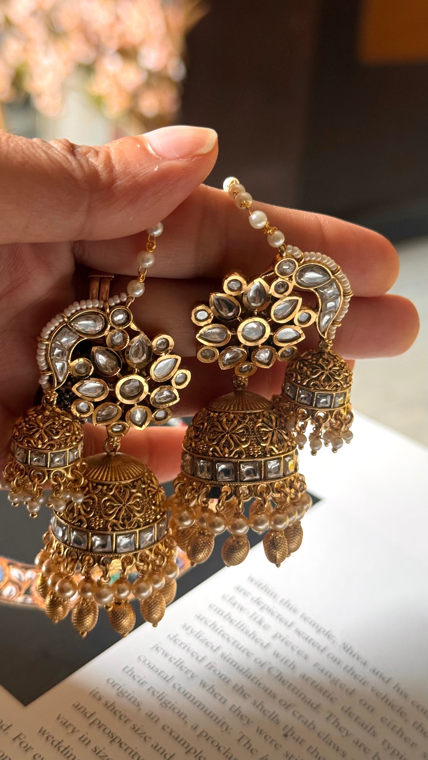 Pearl victorian rajwada jhumki with ear chain