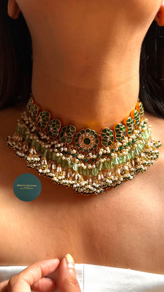 Emerald floral Kundan with mint & pearl drops heritage choker set