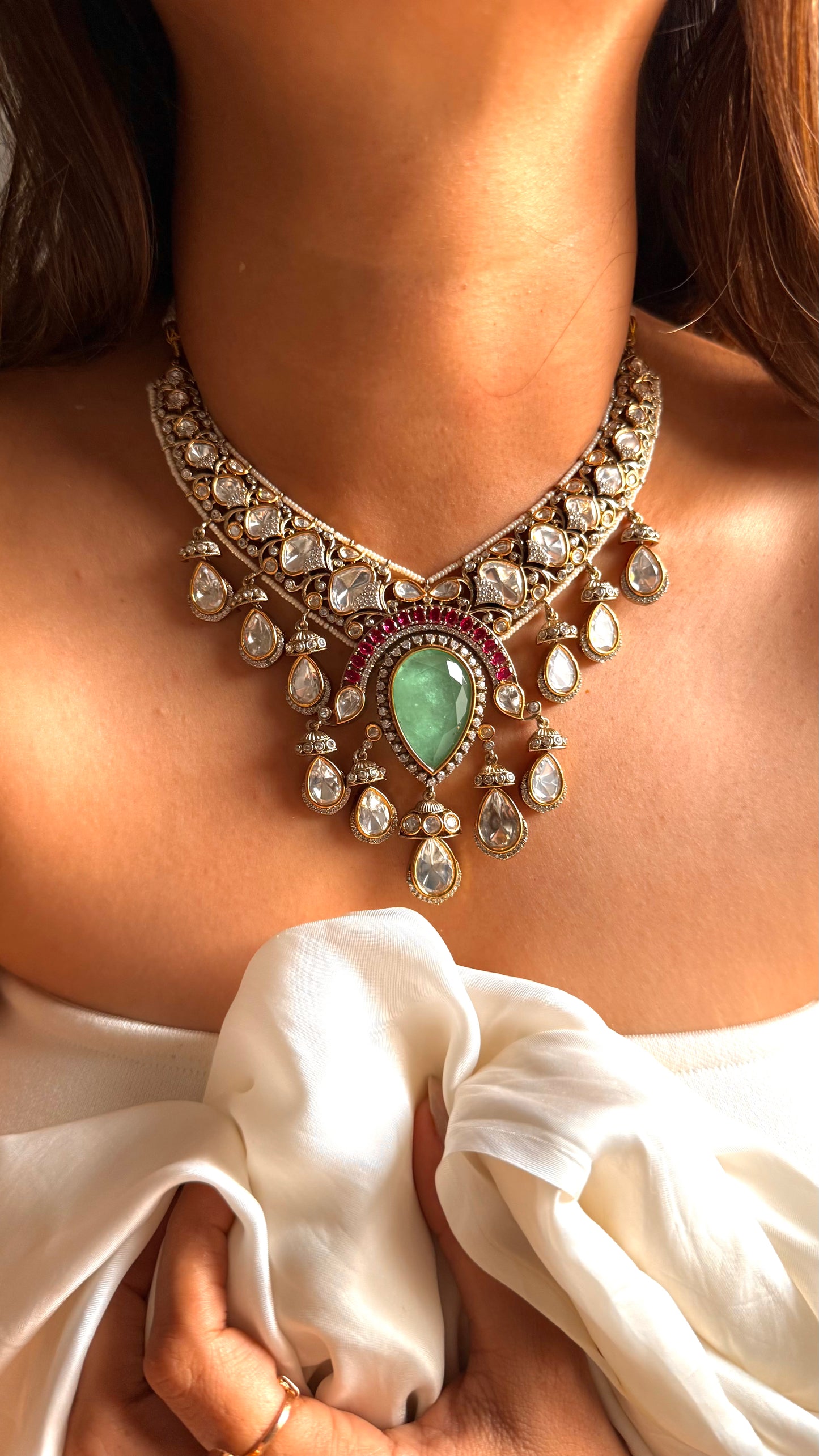 Vaishnavi Mint doublet & rani pink Moissanite set