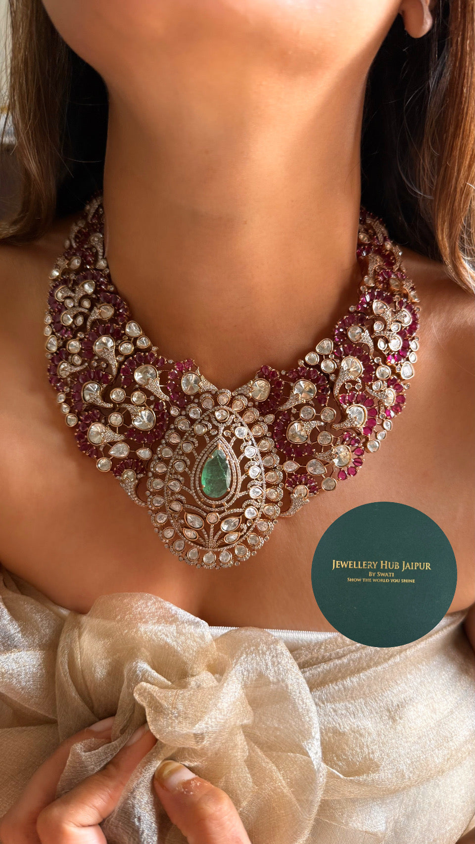 Ruby & moissanite with panna detailing designer collar necklace