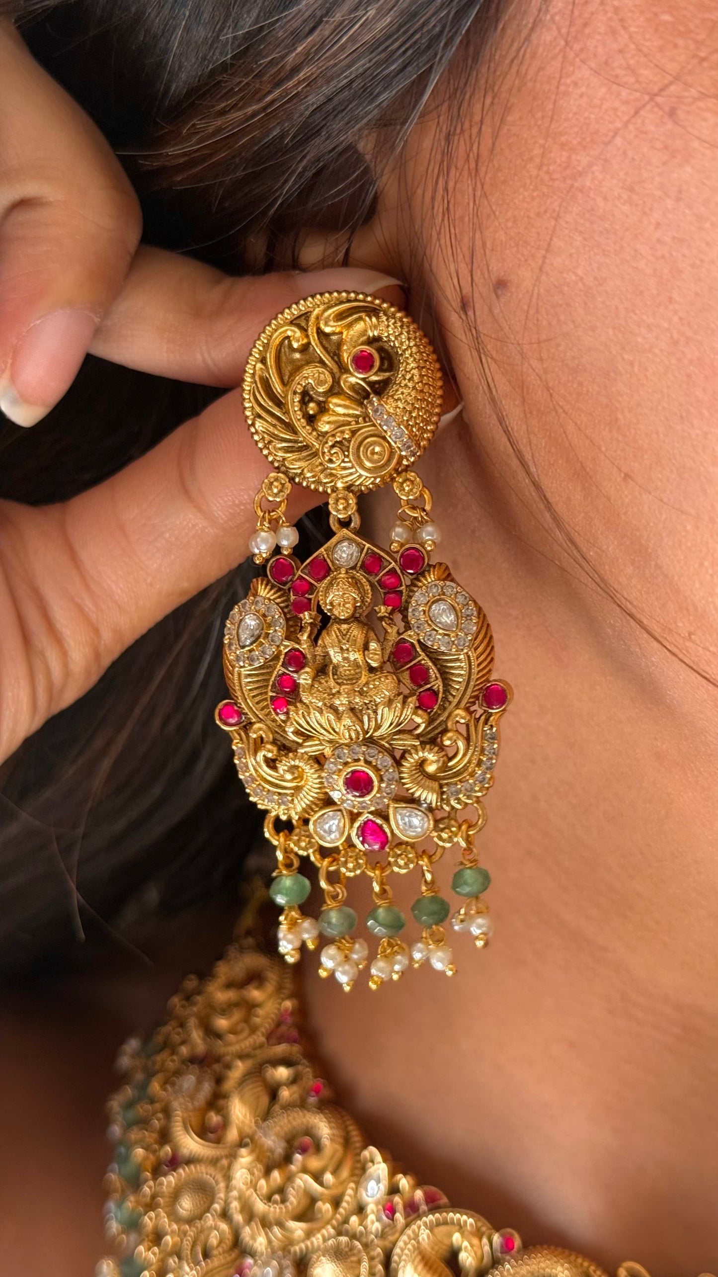 Rani pink ruby with mint goddess Laxmi collar necklace