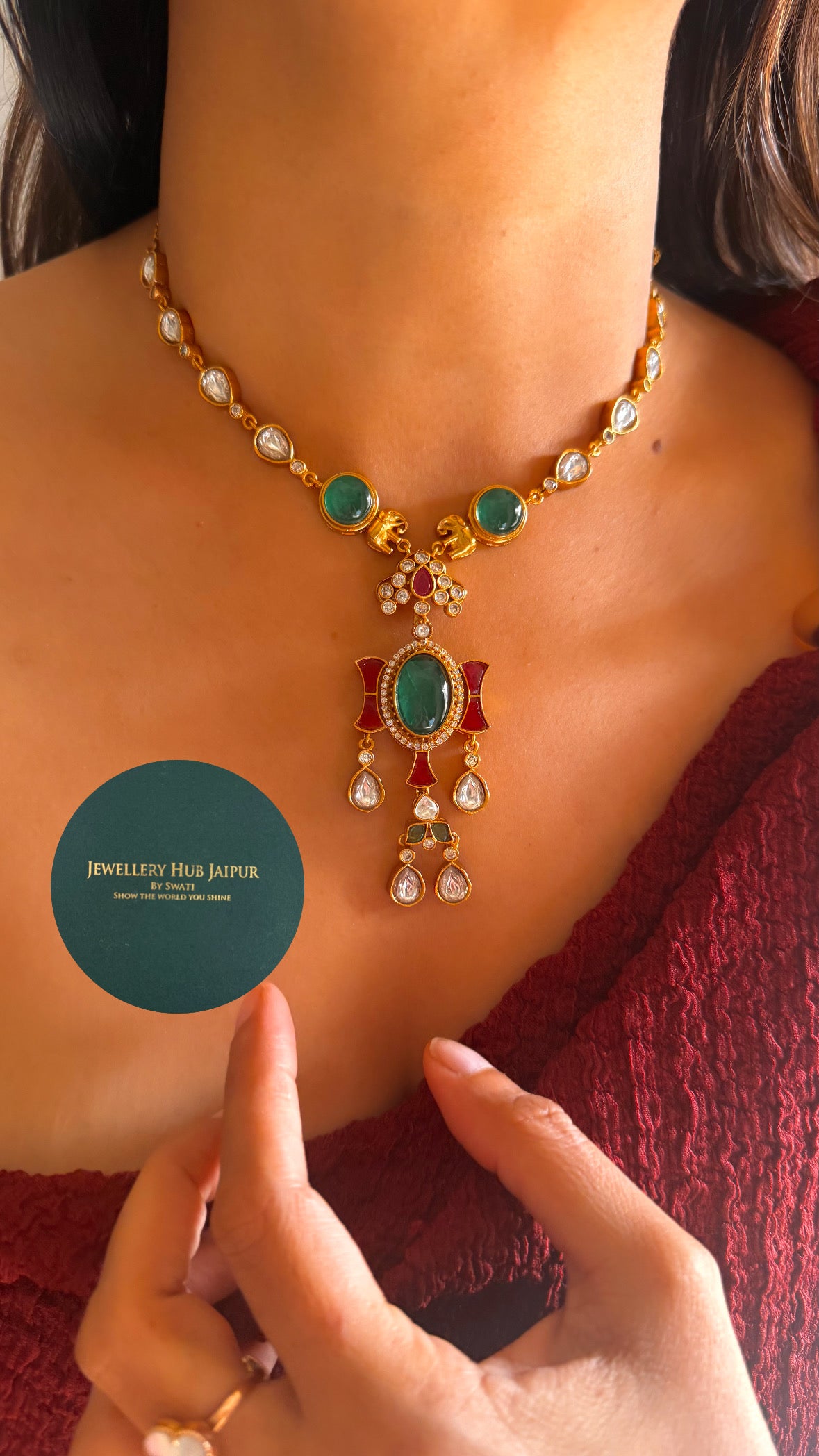 Emerald & rani minimal pendant set